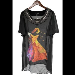 Antthony Women's Holiday Luxe Lady Print Hi Low Tunic Top Black - Regular